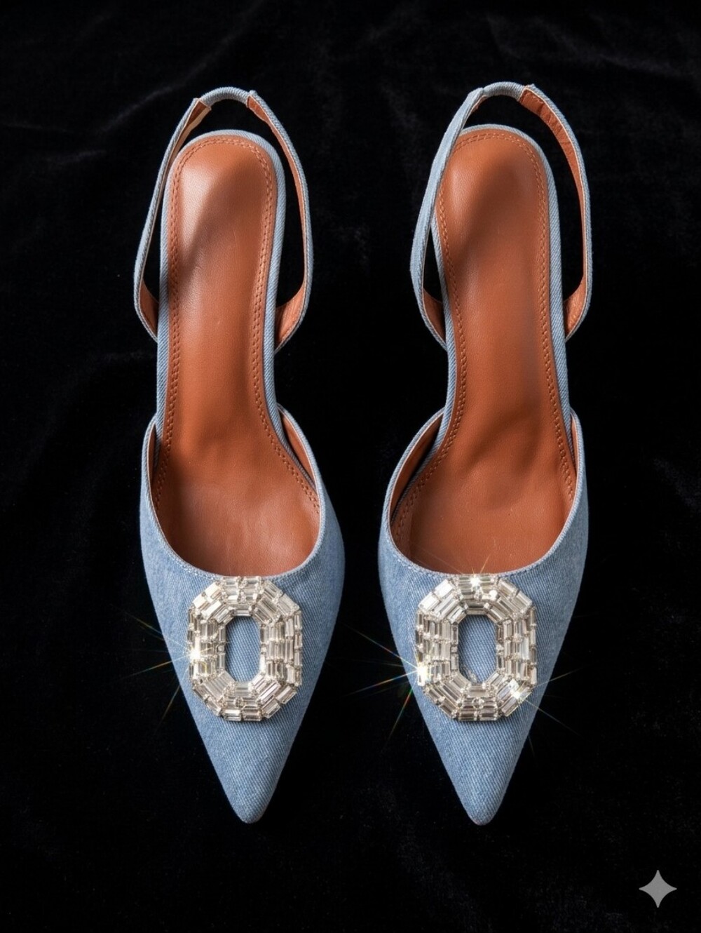 Slingback Pointed-Toe Flats in Light Blue with Crystal Emblem